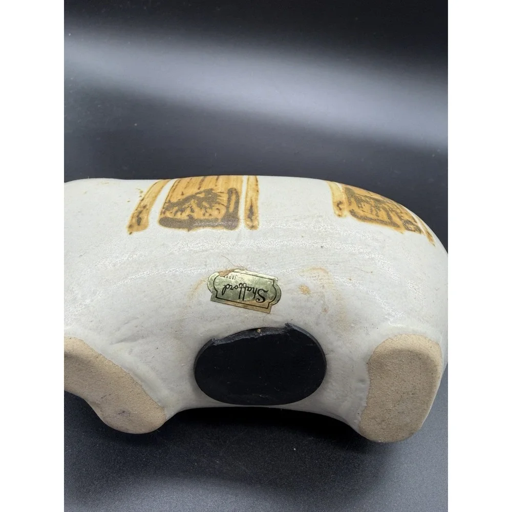 Vintage Pottery Cat Coin Bank Striped Flat Face Earth‎ Tone Decor